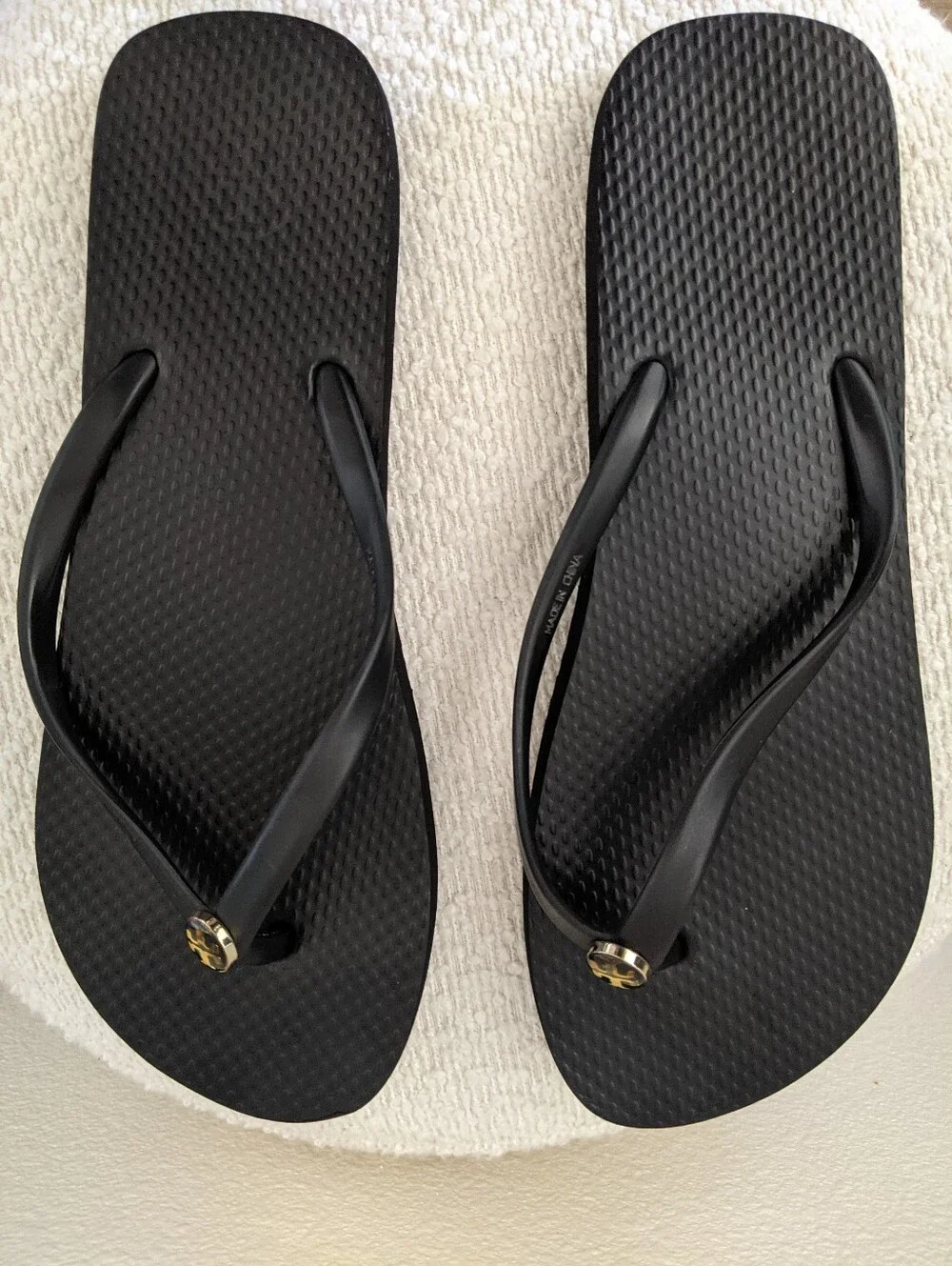 Tory Burch Black Women's Flip Flop Sandals with Gold Logo Accent Size 7.5